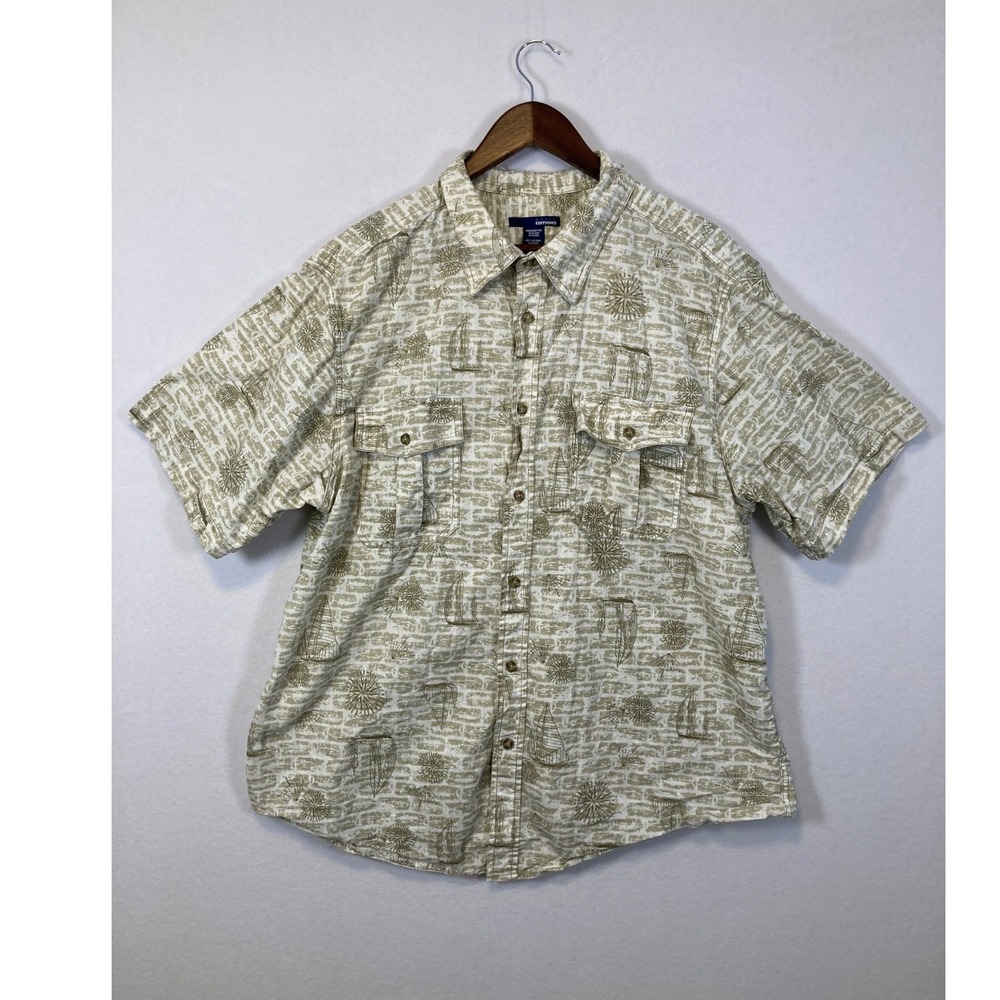 Basic Editions Nautical Sailboat Button Up Shirt Mens XL Tan Short Sleeve Cotton